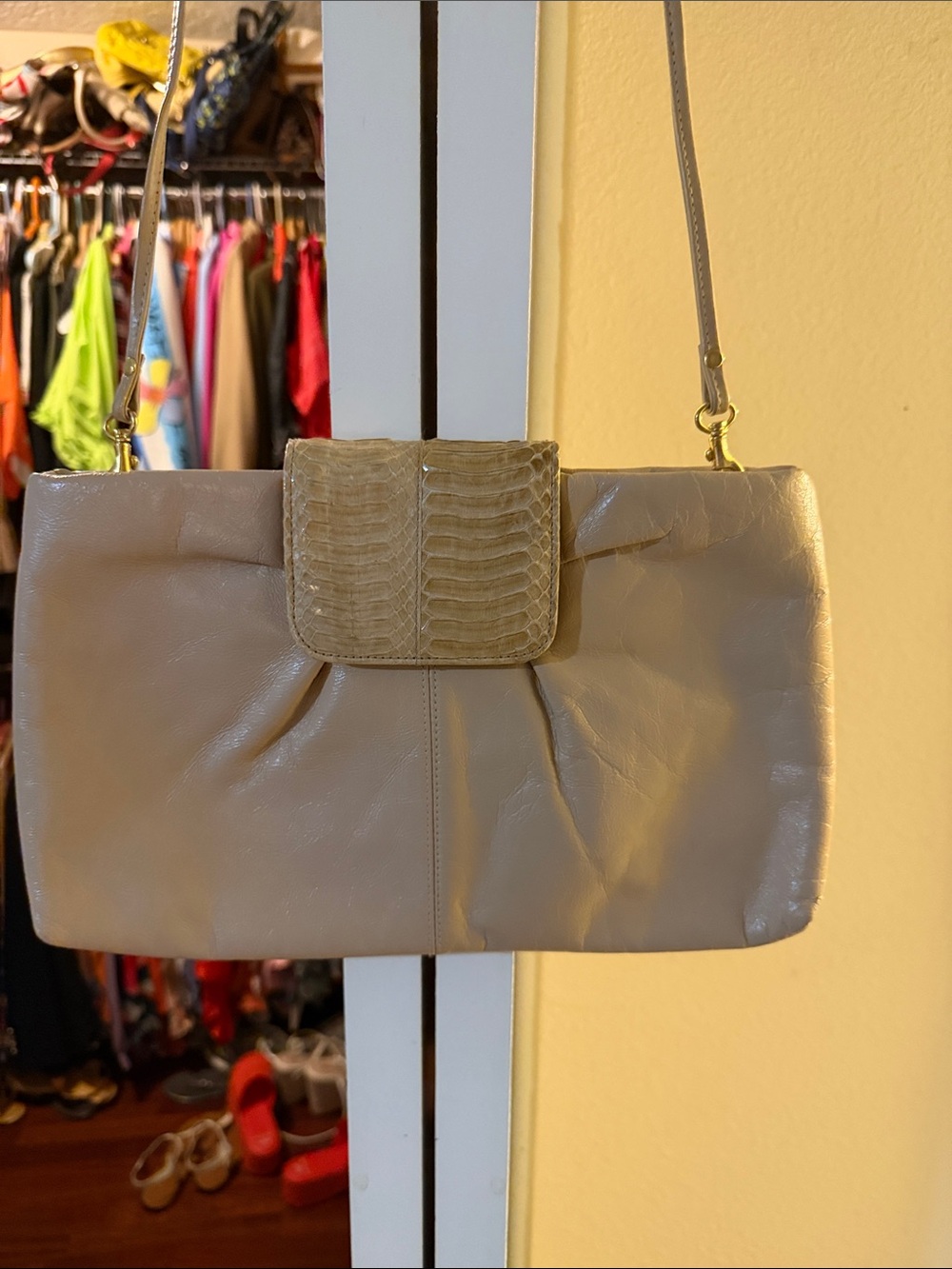 Taupe Leather Shoulder Bag with Snakeskin Flap